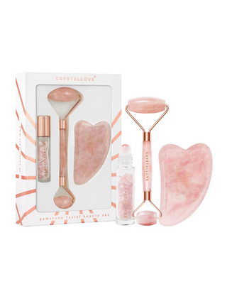 Gesichtsroller + Gua Sha Platte + Roll-On Flasche Rosenquarz Beauty Set Crystallove - 1