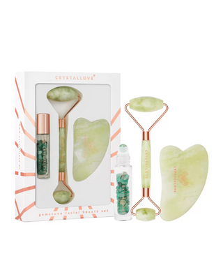 Gesichtsroller + Gua Sha Platte + Roll-On Flasche Jade Beauty Set Crystallove - 1